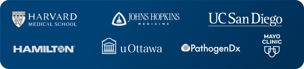 Logos of Akonni's partners including Harvard Medical Schoo, Johns Hopkins Medicine, UC San Diego, Hamilton, UOttawa, PathogenDX, AND Mayo Clinic